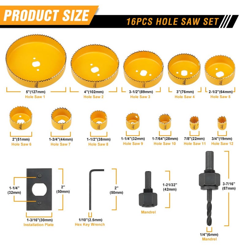 HOTECHE 16Pcs Hole Saw Set with 12 Hole Saws (3/4" to 5") - Complete Kit for Woodworking, Metalworking, Plumbing, and More - Image 2